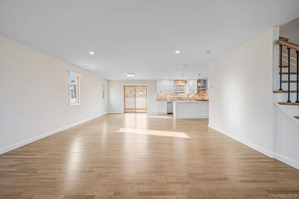Empty room, Interior, Kitchen, Pendant Lights, Recessed Lighting, Wood Texture Flooring
