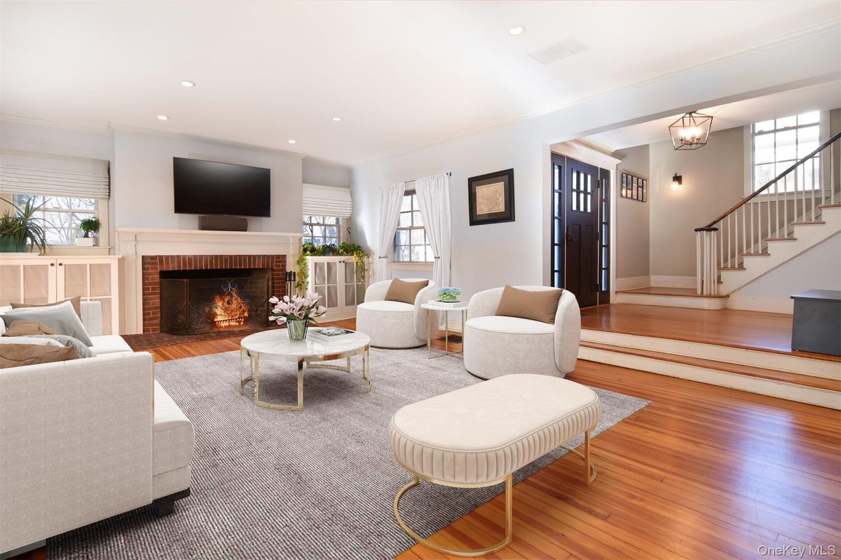 Fireplace, Interior, Living room, Recessed Lighting, Wood Texture Flooring