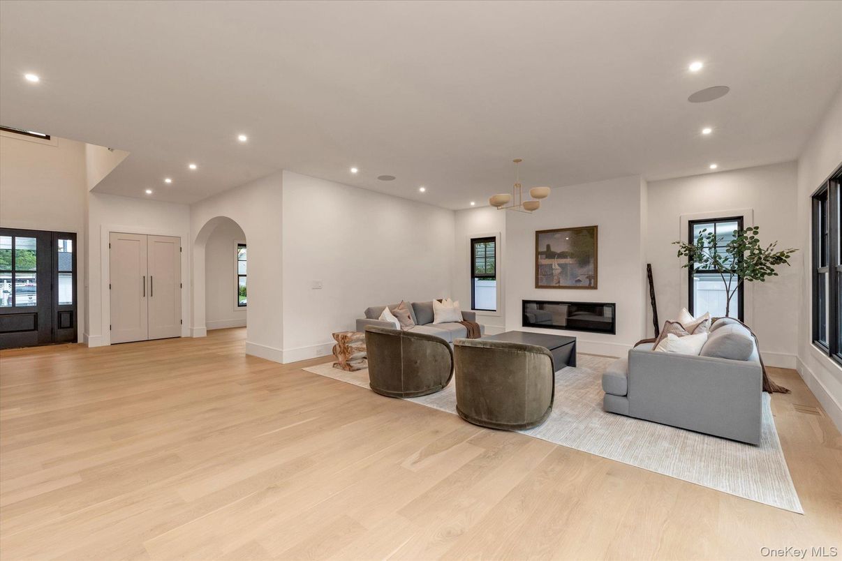 Fireplace, Interior, Living room, Recessed Lighting, Wood Texture Flooring