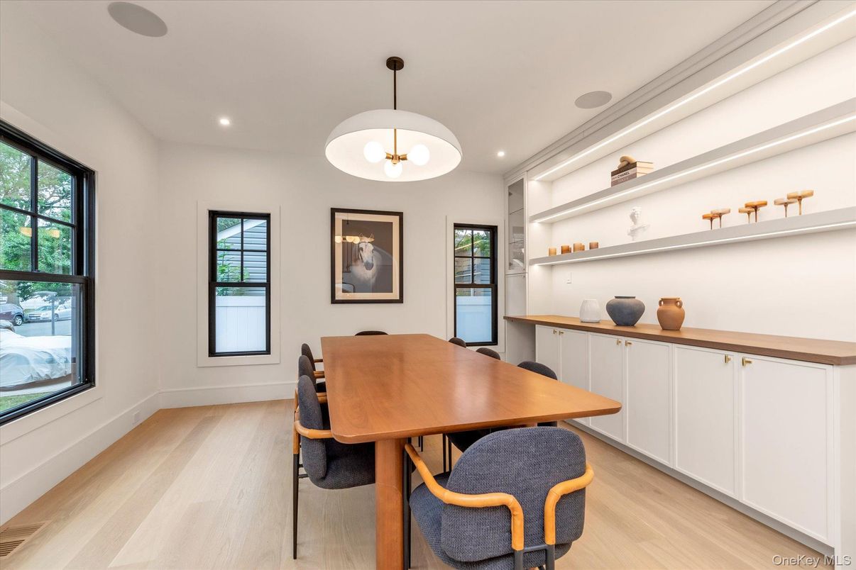 Dining room, Interior, Pendant Lights, Recessed Lighting, Wood Texture Flooring