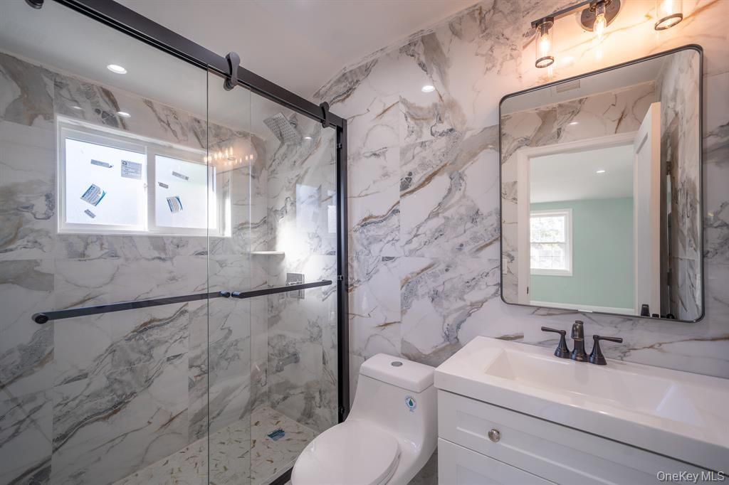 Bathroom, Glass Shower, Interior, Marble Walls, Recessed Lighting