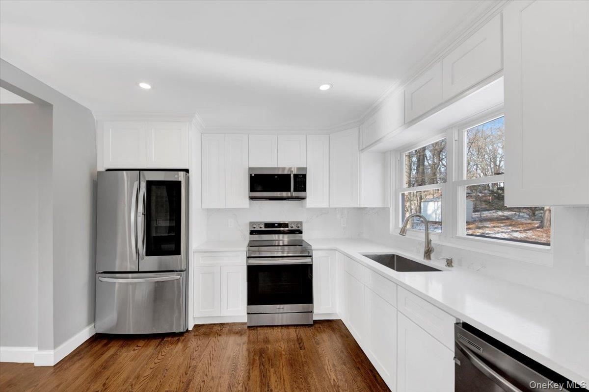 Interior, Kitchen, Recessed Lighting, Stainless Steel Appliances, Wood Texture Flooring