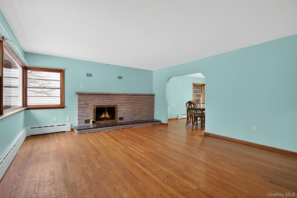 Dining room, Empty room, Fireplace, Interior, Wood Texture Flooring