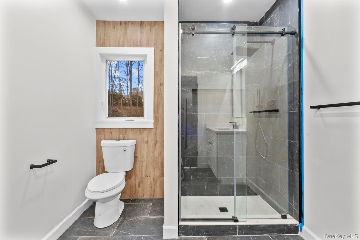 Bathroom, Glass Shower, Interior, Recessed Lighting, Wooden Walls