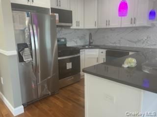 Interior, Kitchen, Marble Walls, Stainless Steel Appliances, Wood Texture Flooring