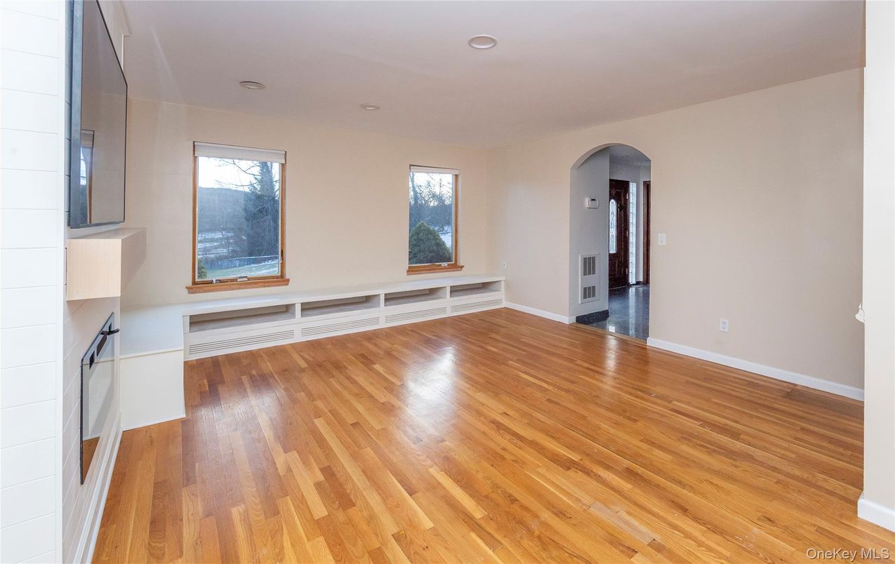 Empty room, Fireplace, Interior, Recessed Lighting, Wood Texture Flooring