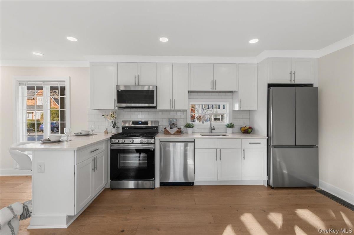 Interior, Kitchen, Recessed Lighting, Stainless Steel Appliances, Wood Texture Flooring