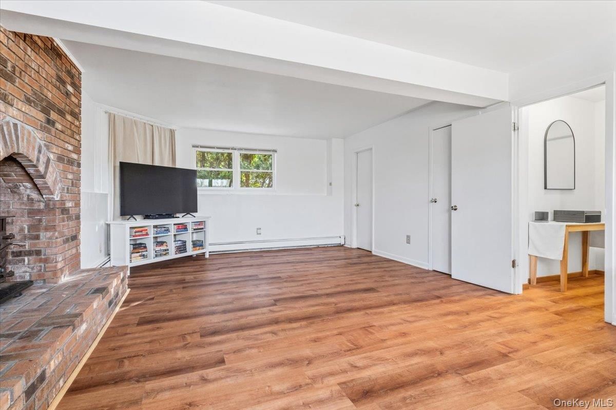 Empty room, Fireplace, Interior, Stone Walls, Wood Texture Flooring