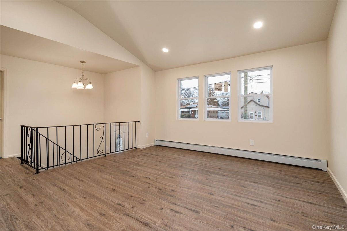 Empty room, Interior, Pendant Lights, Recessed Lighting, Wood Texture Flooring
