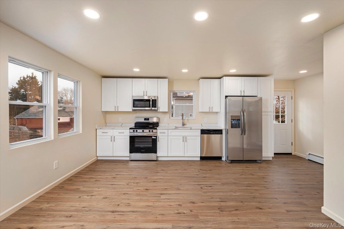 Interior, Kitchen, Recessed Lighting, Stainless Steel Appliances, Wood Texture Flooring