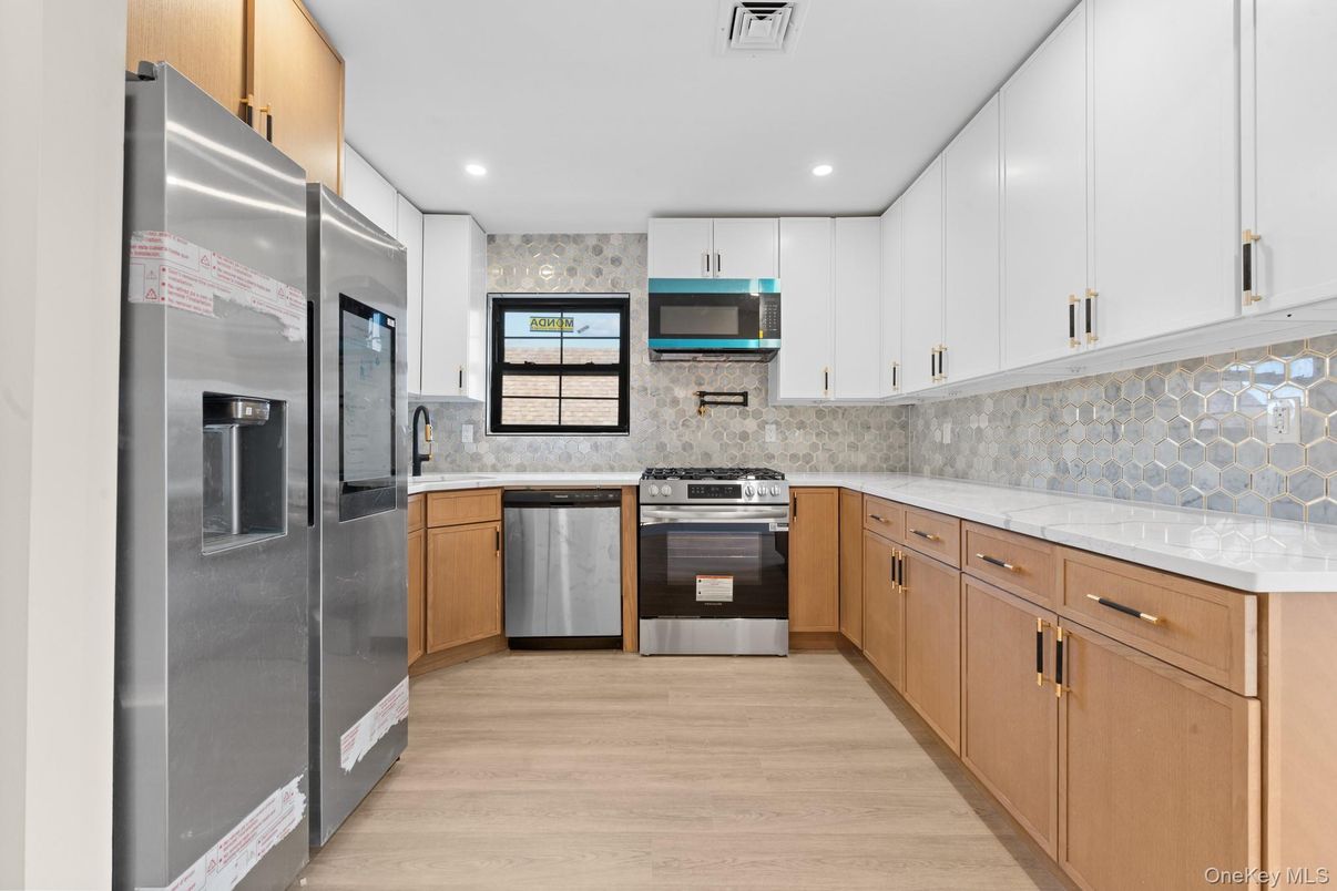 Interior, Kitchen, Recessed Lighting, Stainless Steel Appliances, Stone Walls, Wood Texture Flooring