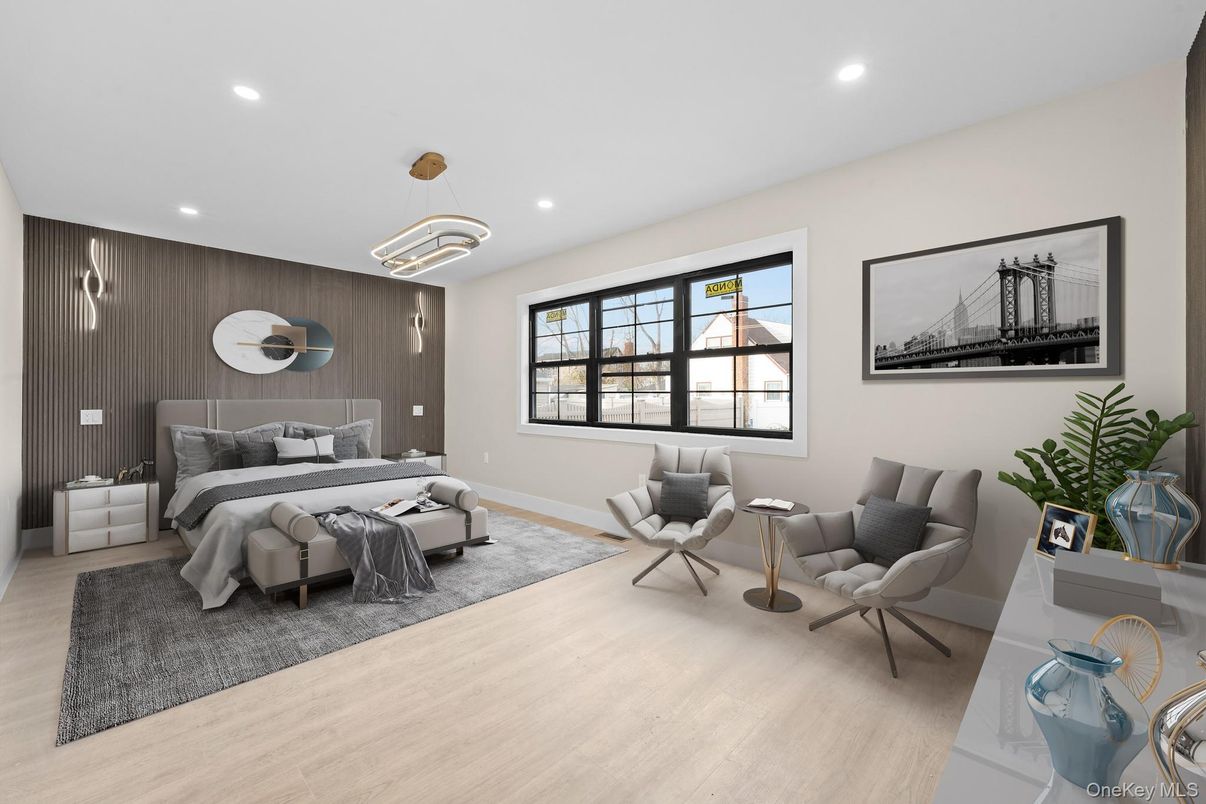 Bedroom, Interior, Pendant Lights, Recessed Lighting, Wood Texture Flooring, Wooden Walls