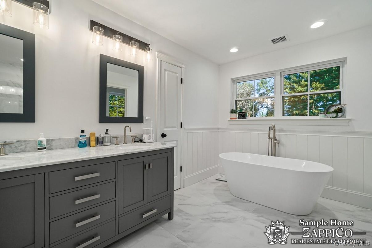 Bathroom, Dual Sink Vanities, Free Standing Baths, Interior, Marble, Recessed Lighting