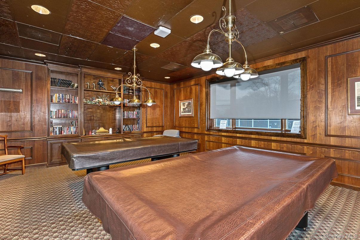 Billiard Table, Game Room, Interior, Pendant Lights, Projection Screen, Recessed Lighting, Wooden Walls