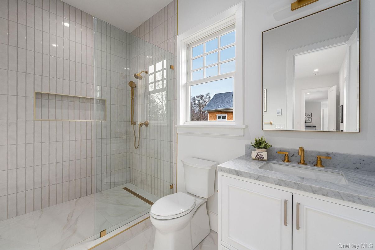 Bathroom, Glass Shower, Interior, Marble, Recessed Lighting