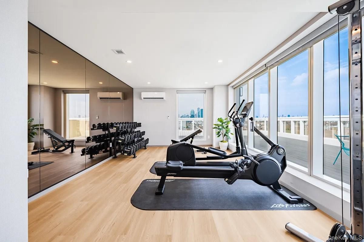 Fitness Equipment, Gym, Interior, Recessed Lighting, Wood Texture Flooring