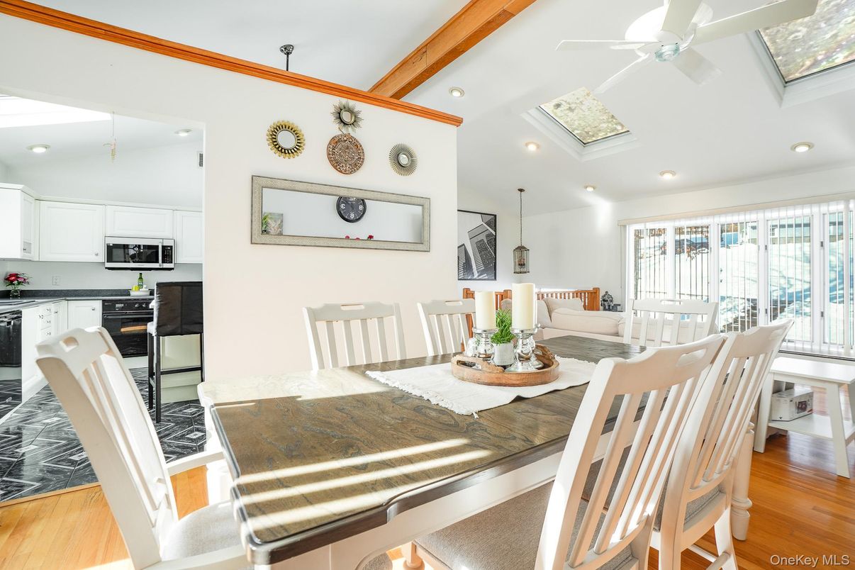 Dining room, Interior, Kitchen, Recessed Lighting, Wooden Beams, Wood Texture Flooring