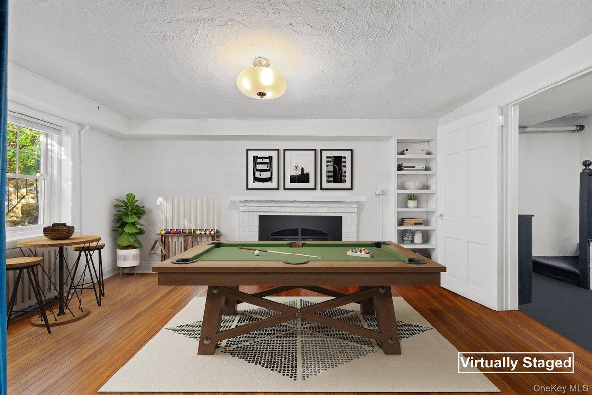Billiard Table, Fireplace, Game Room, Interior, Wood Texture Flooring