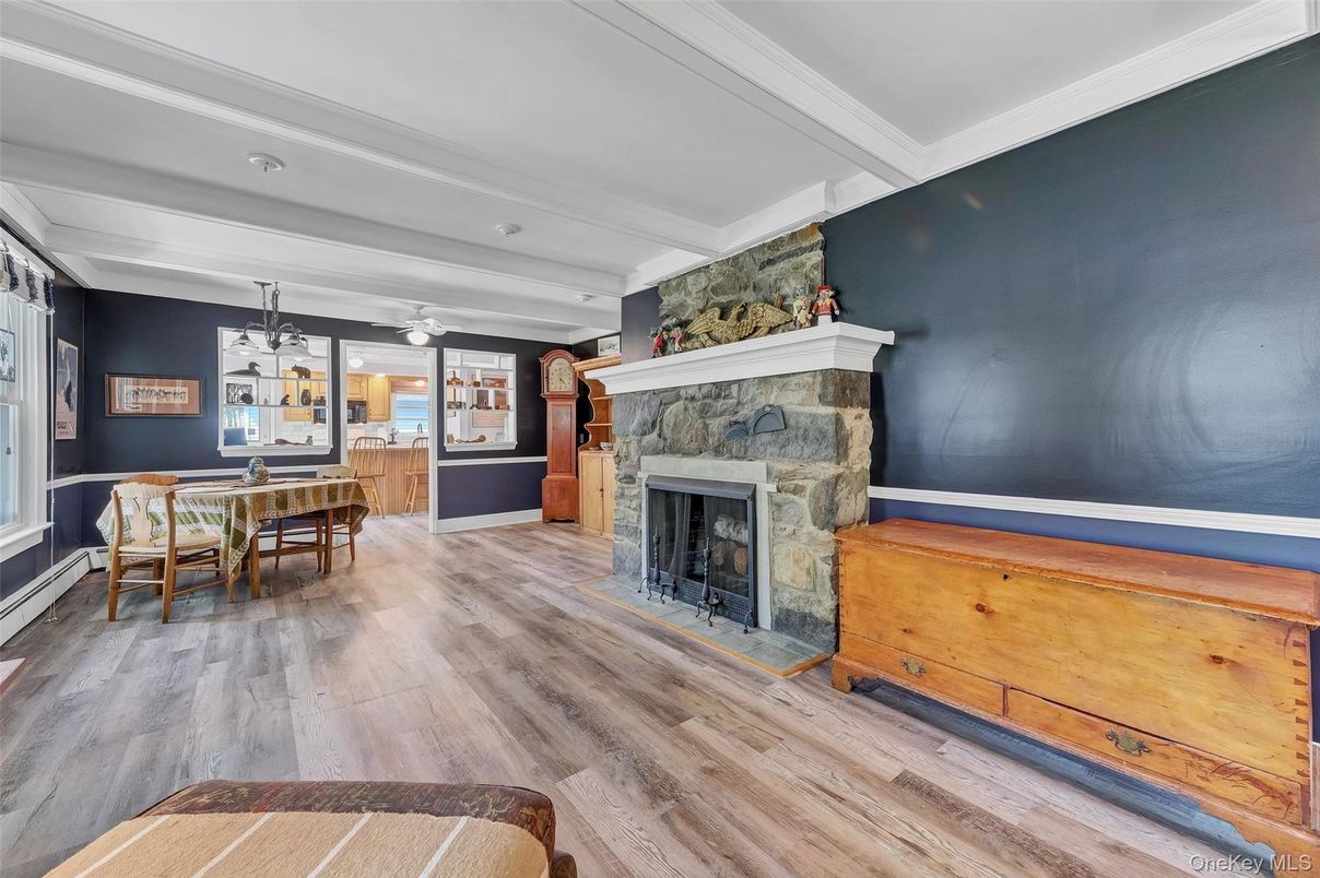 Dining room, Fireplace, Interior, Wood Texture Flooring