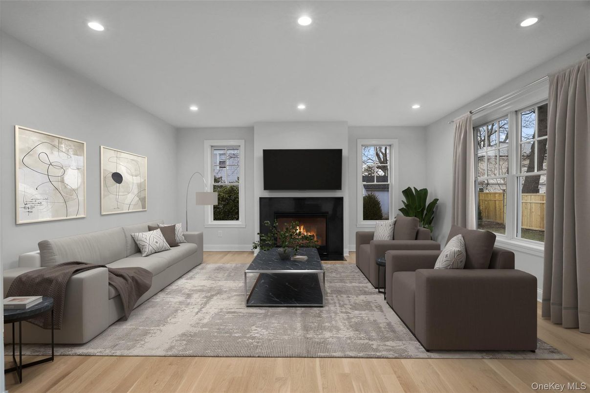 Fireplace, Interior, Living room, Recessed Lighting, Wood Texture Flooring