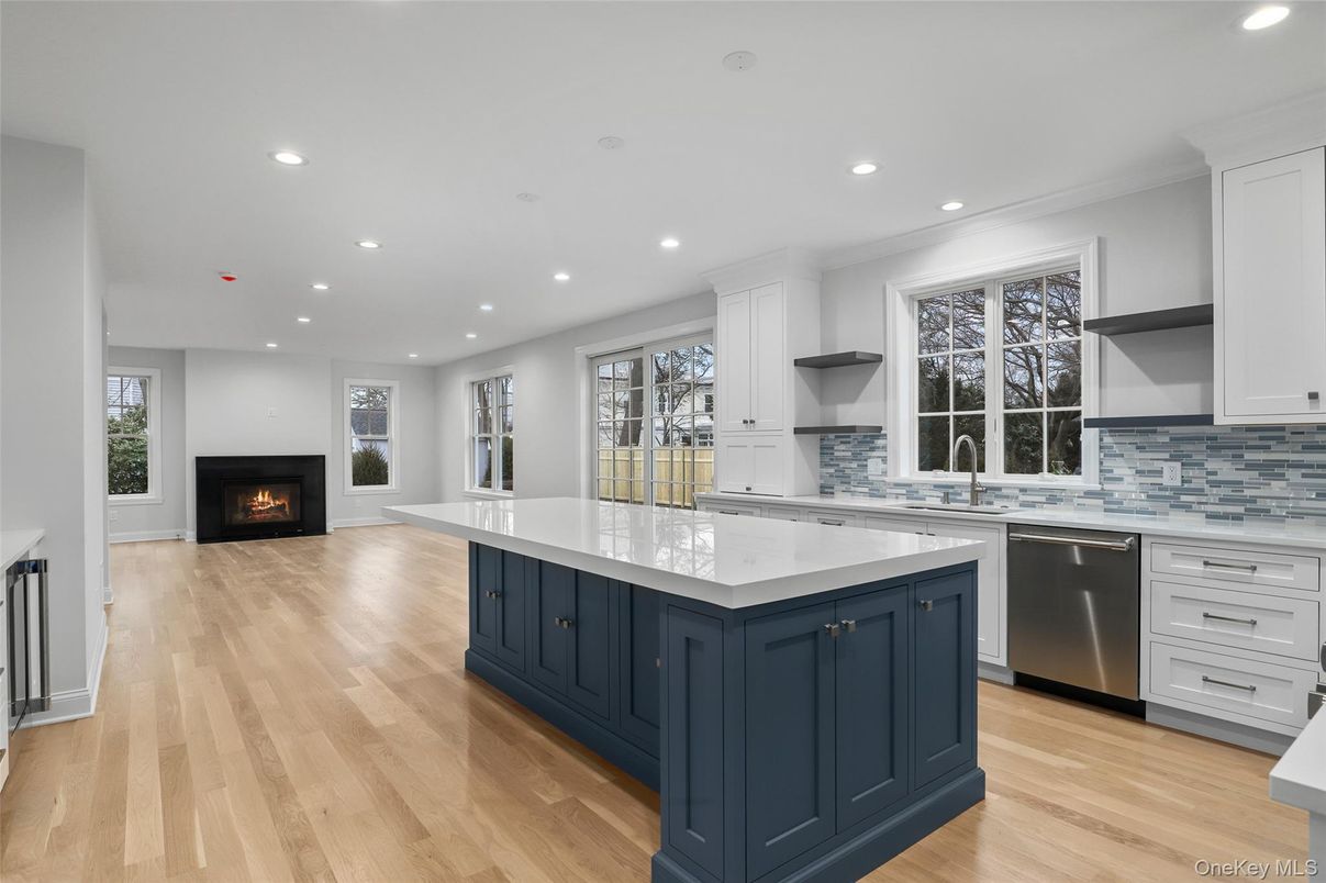 Fireplace, Interior, Kitchen, Recessed Lighting, Wood Texture Flooring