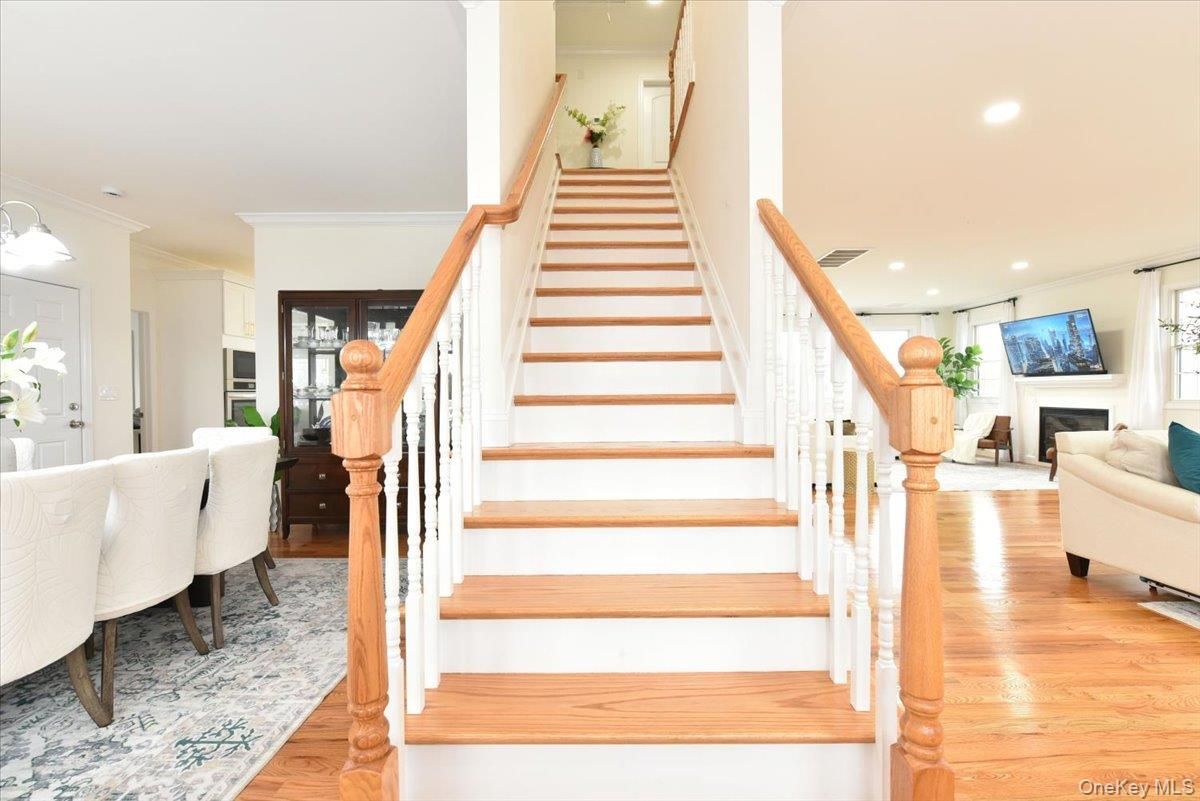 Dining room, Fireplace, Interior, Recessed Lighting, Wood Texture Flooring