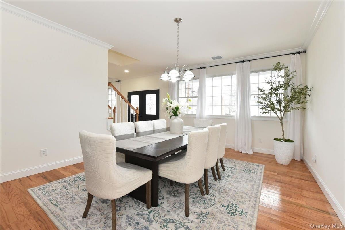 Dining room, Interior, Pendant Lights, Recessed Lighting, Wood Texture Flooring