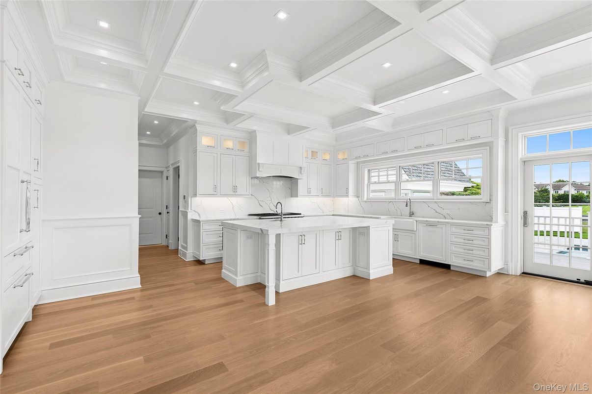 Interior, Kitchen, Marble Walls, Recessed Lighting, Wood Texture Flooring