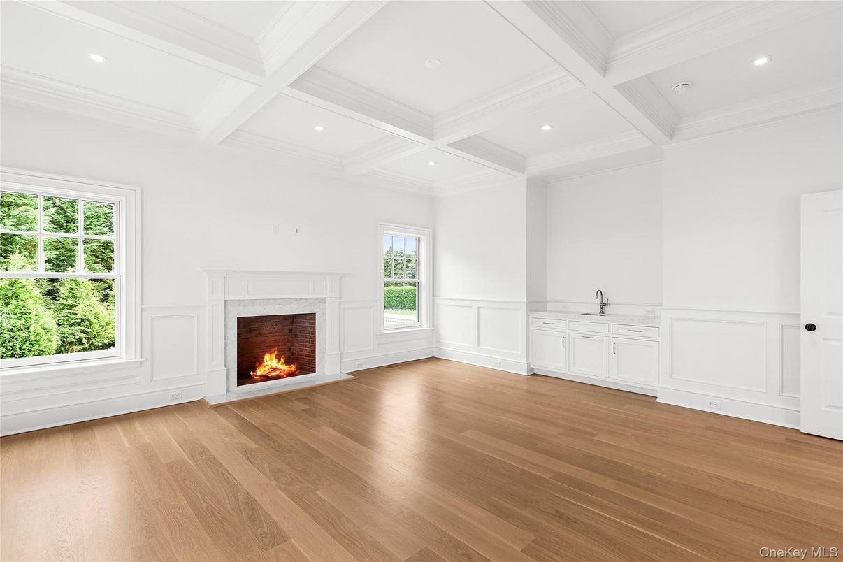 Empty room, Fireplace, Interior, Recessed Lighting, Wood Texture Flooring
