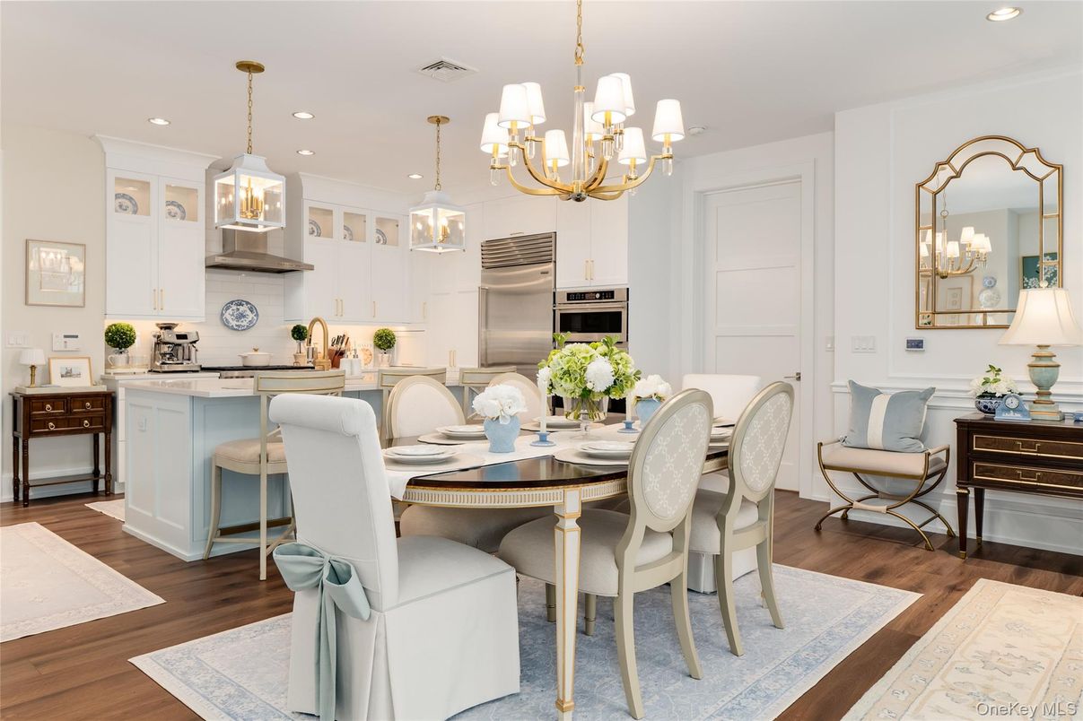 Chandelier, Dining room, Interior, Kitchen, Pendant Lights, Recessed Lighting, Stainless Steel Appliances, Wood Texture Flooring