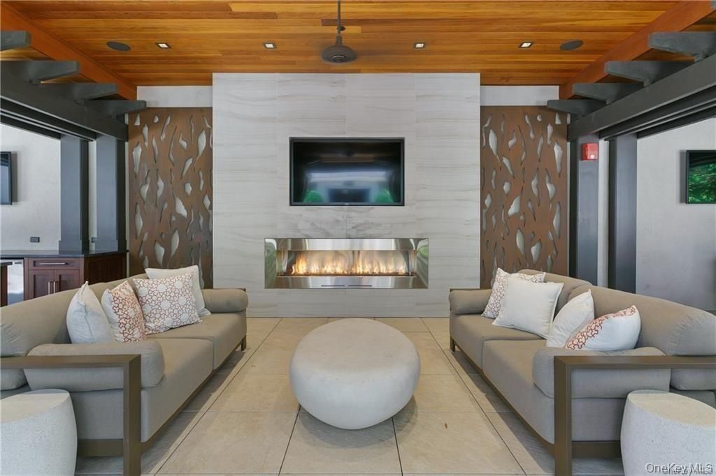 Fireplace, Interior, Living room, Recessed Lighting, Wooden Ceilings