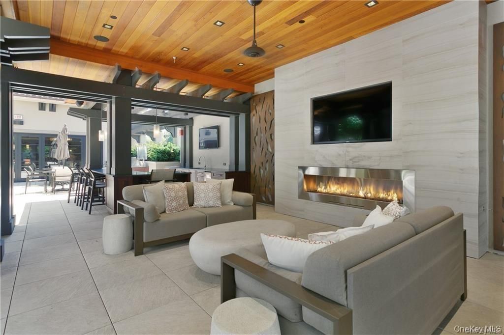 Dining room, Fireplace, Interior, Living room, Pendant Lights, Recessed Lighting, Wooden Ceilings