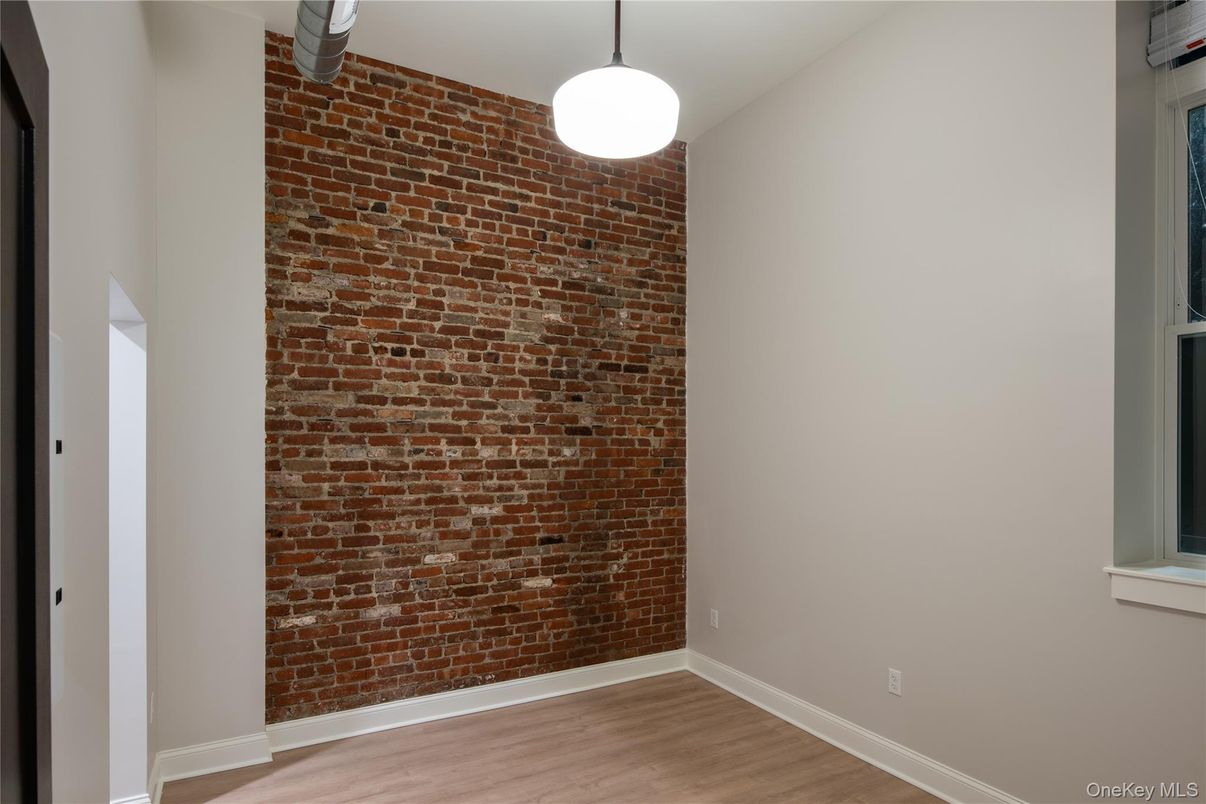 Empty room, Interior, Pendant Lights, Stone Walls, Wood Texture Flooring