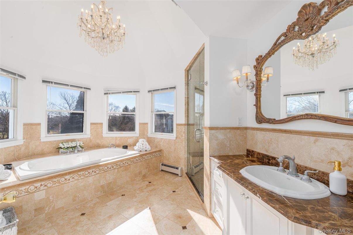 Bathroom, Chandelier, Dual Sink Vanities, Glass Shower, Interior