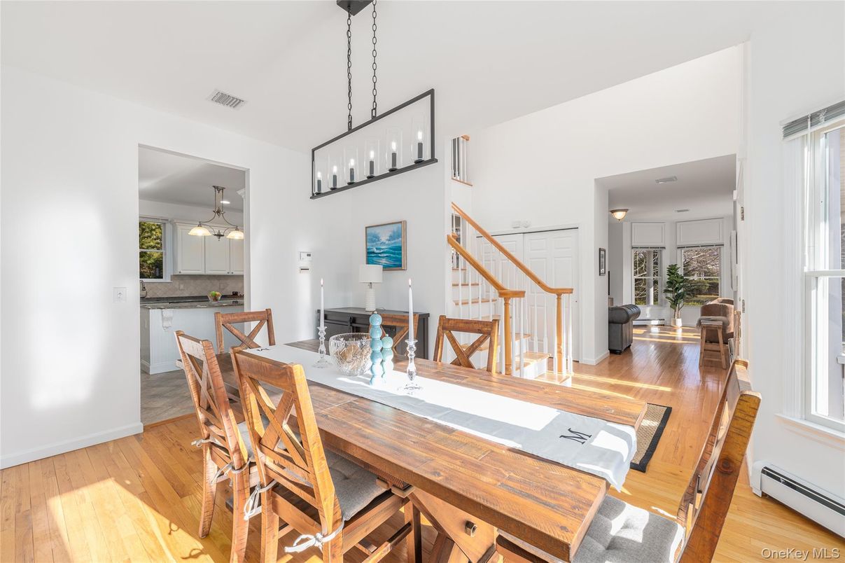 Dining room, Interior, Pendant Lights, Wood Texture Flooring