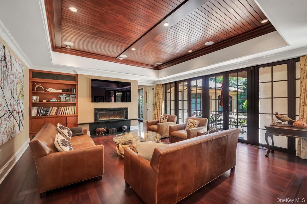 Fireplace, Interior, Living room, Recessed Lighting, Wooden Ceilings, Wood Texture Flooring