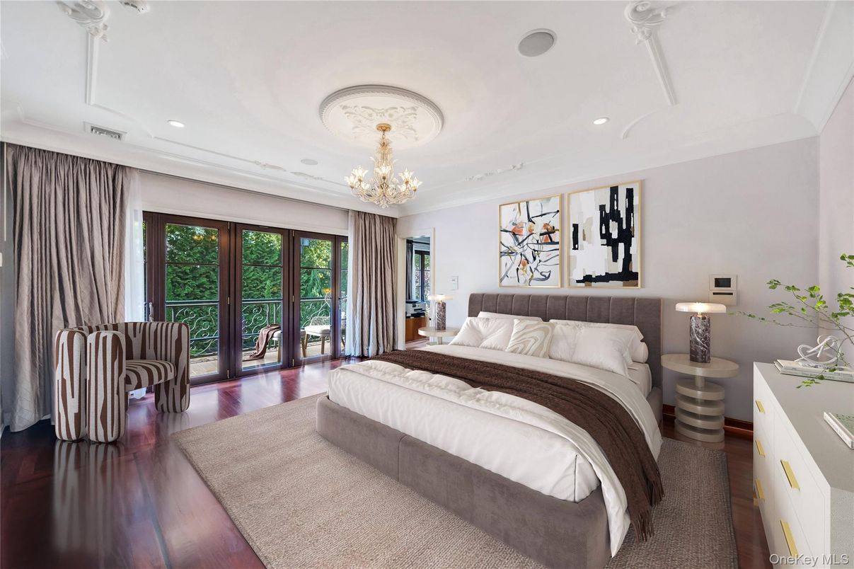 Bedroom, Chandelier, Interior, Recessed Lighting, Wood Texture Flooring