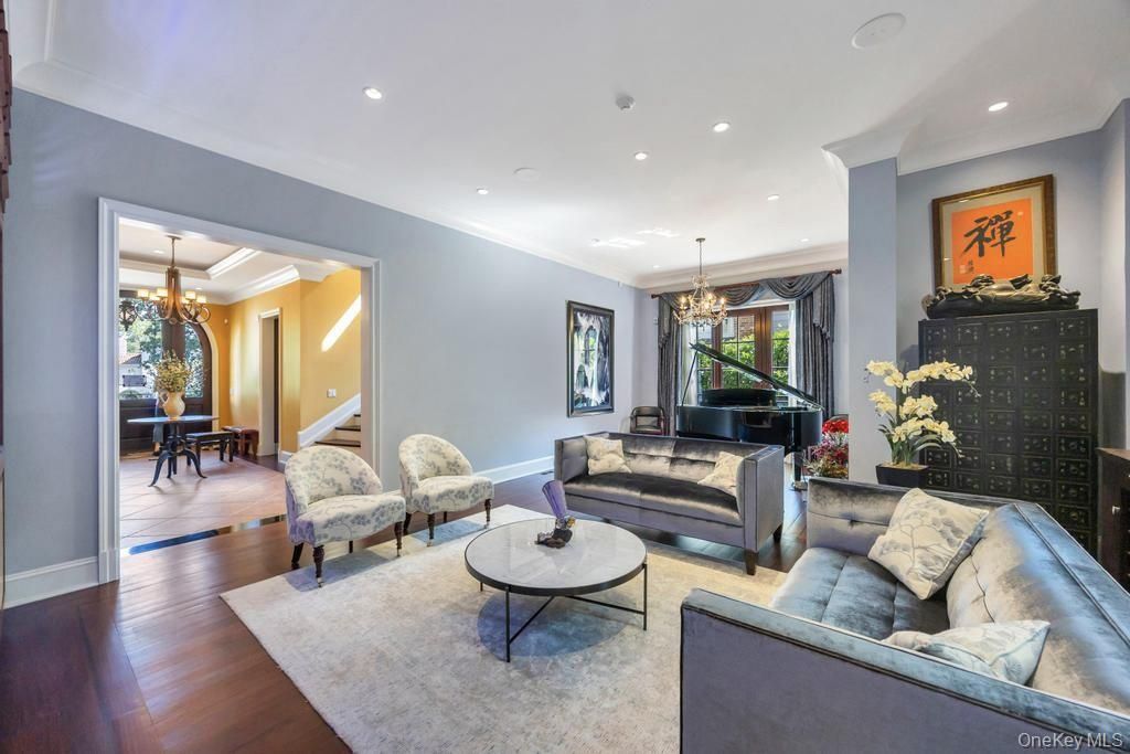 Chandelier, Dining room, Interior, Living room, Pendant Lights, Piano, Recessed Lighting, Wood Texture Flooring