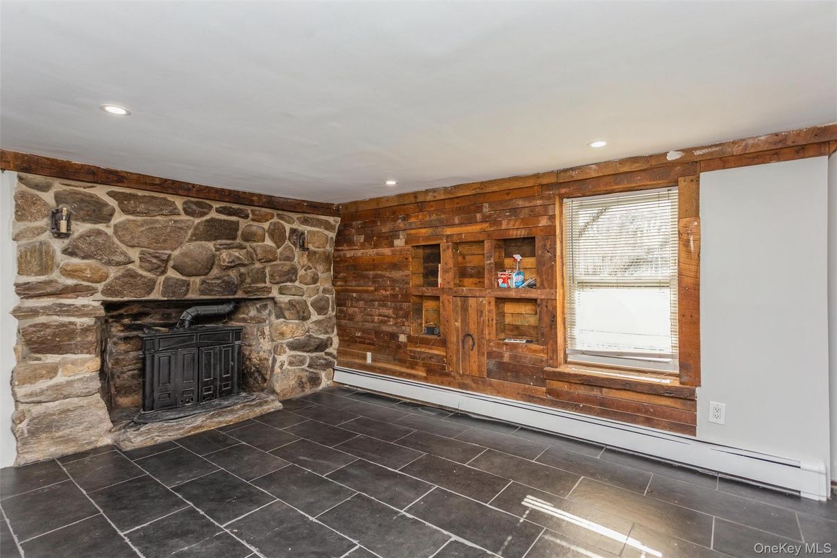 Fireplace, Interior, Recessed Lighting, Stone Walls, Wooden Walls