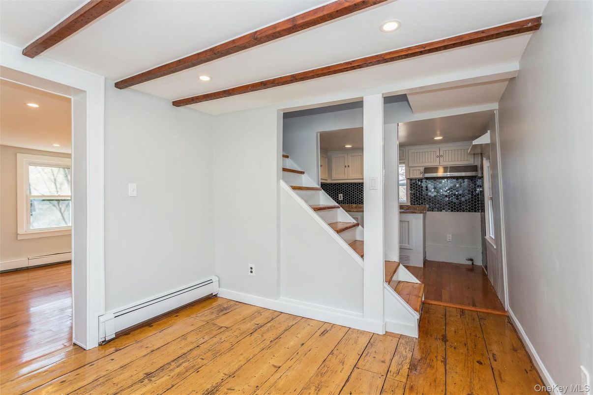 Empty room, Interior, Kitchen, Recessed Lighting, Wooden Beams, Wood Texture Flooring