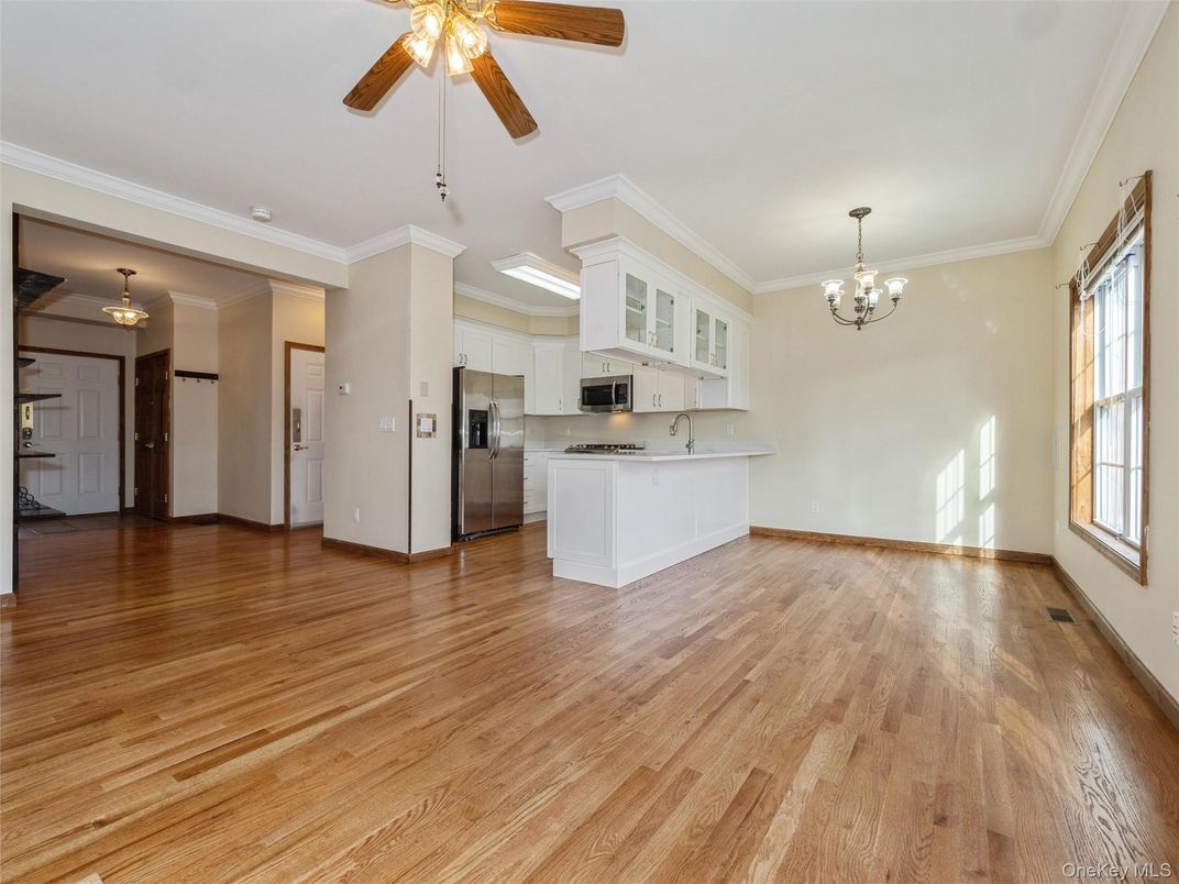 Chandelier, Empty room, Interior, Kitchen, Stainless Steel Appliances, Wood Texture Flooring