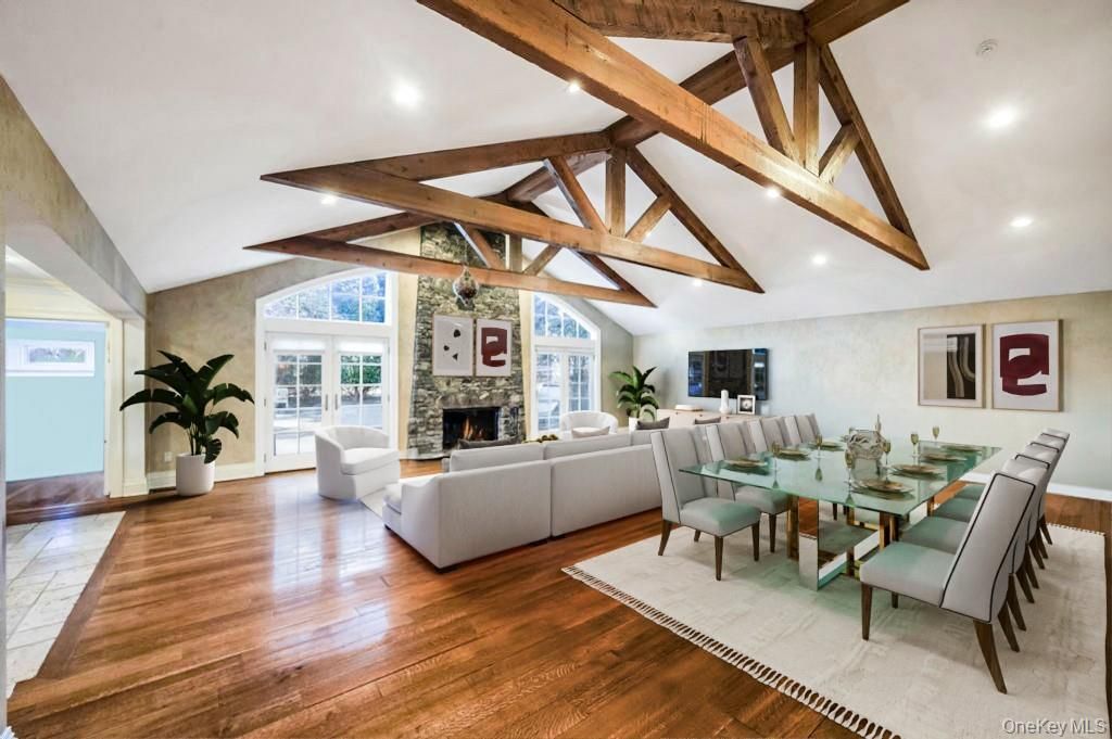 Dining room, Fireplace, Interior, Living room, Recessed Lighting, Wooden Beams, Wood Texture Flooring