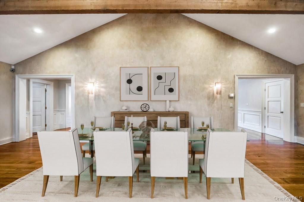 Dining room, Interior, Recessed Lighting, Wooden Beams, Wood Texture Flooring