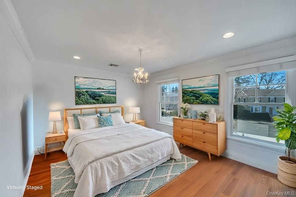 Bedroom, Chandelier, Interior, Recessed Lighting, Wood Texture Flooring