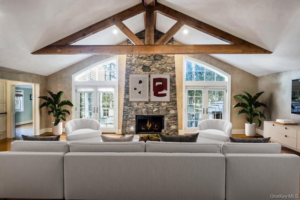Fireplace, Interior, Living room, Recessed Lighting, Stone Walls, Wooden Beams, Wood Texture Flooring