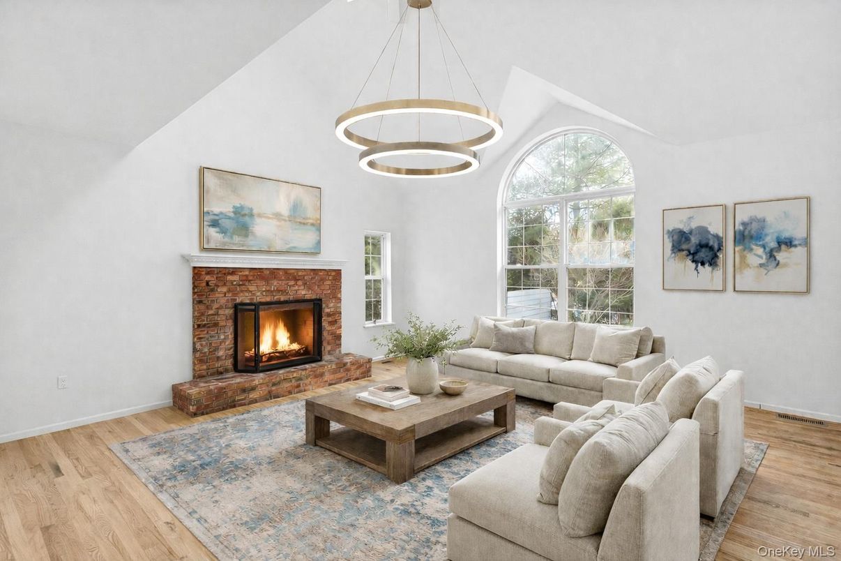 Fireplace, Interior, Living room, Pendant Lights, Wood Texture Flooring