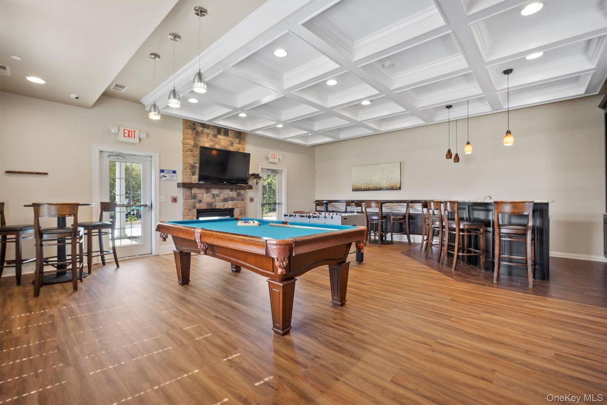 Billiard Table, Game Room, Interior, Pendant Lights, Recessed Lighting, Wood Texture Flooring