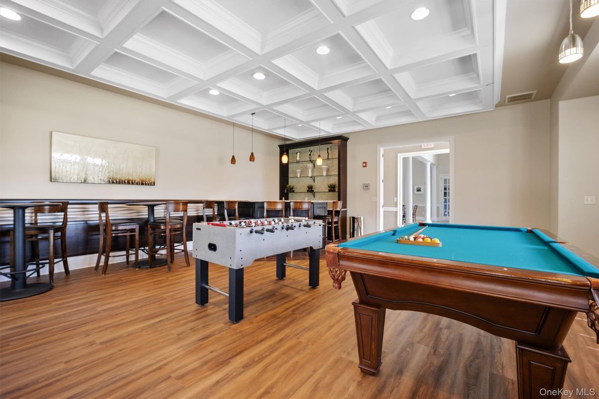 Billiard Table, Game Room, Interior, Pendant Lights, Recessed Lighting, Wood Texture Flooring