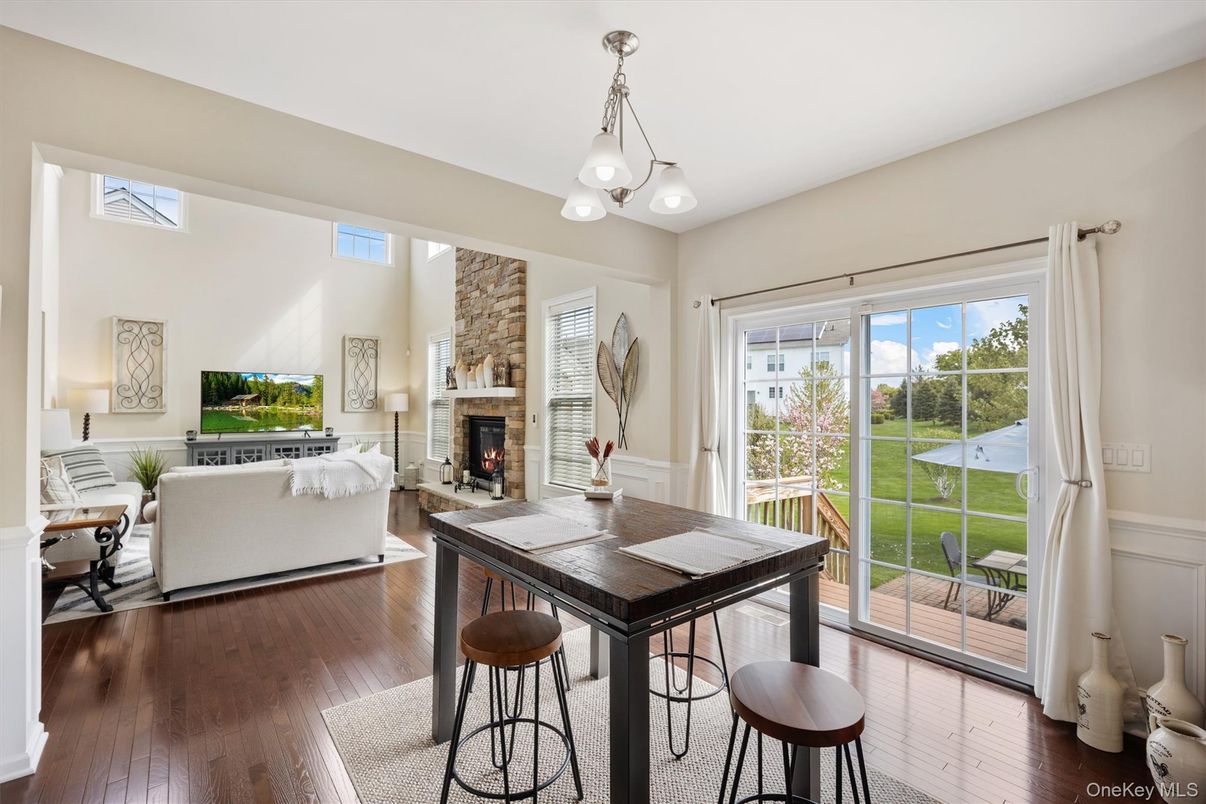 Dining room, Fireplace, Interior, Living room, Pendant Lights, Wood Texture Flooring