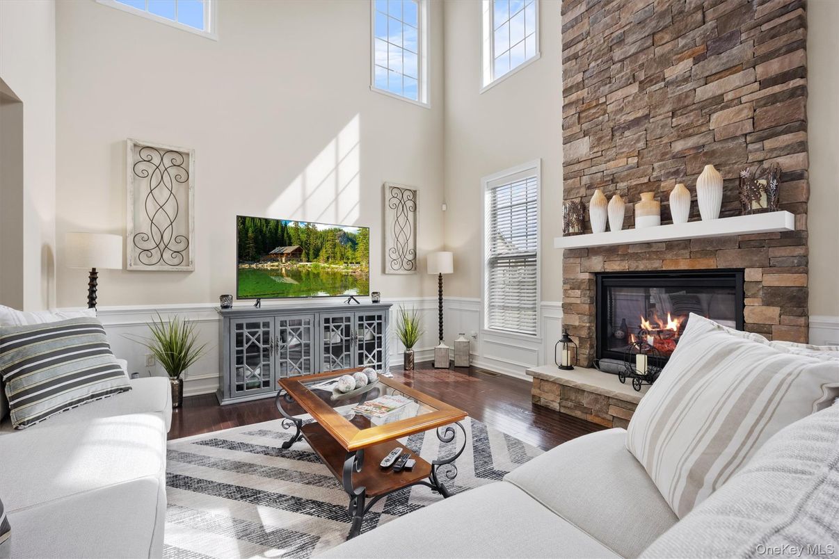 Fireplace, Interior, Living room, Stone Walls, Wood Texture Flooring